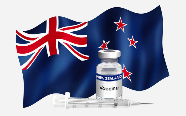Σημαία εμβλήματος Νέας Ζηλανδίας με φιαλίδιο αντιβιοτικού για εμβολιασμό ασθενειών / Εικονογράφηση σημαίας Νέας Ζηλανδίας με φιαλίδιο εμβολίου και σύριγγα. Εμβολιασμός αντίληψης σειράς - Φωτογραφία, εικόνα