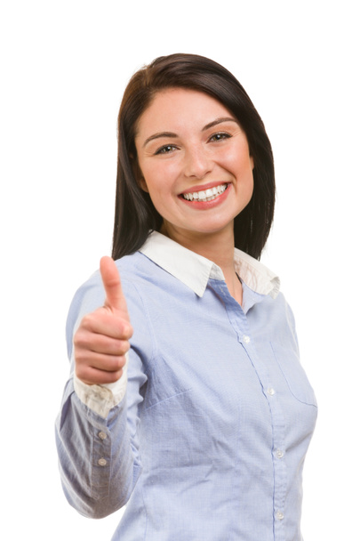 młoda kobieta biznesu uśmiechający się ok gest - Zdjęcie, obraz