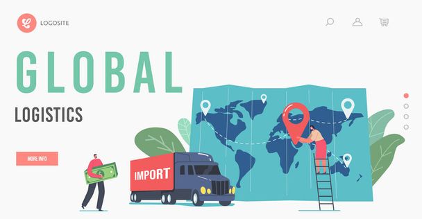 Global Logistics Landing Page Template. Cargo Export und Import. Winzige Geschäftsmann Charakter Carry Money Bill - Vektor, Bild