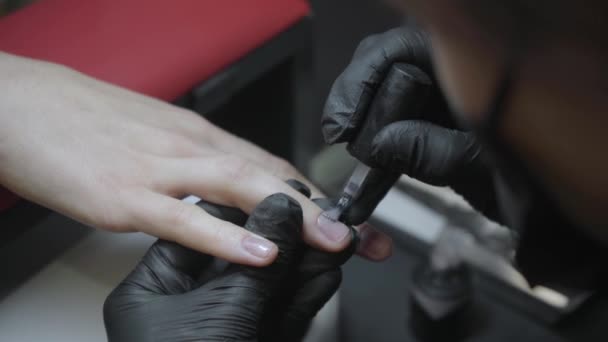 visão parcial da manicura aplicando esmalte no salão - Filmagem, Vídeo