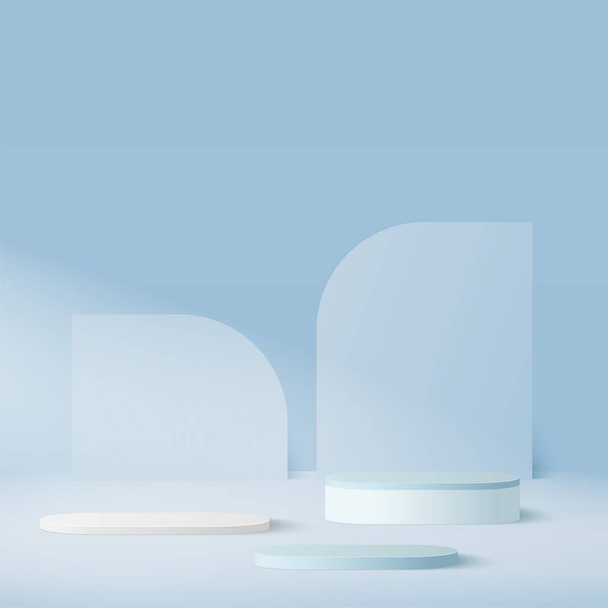 Abstrakter Hintergrund mit geometrischen 3D-Podien in blauer Farbe. Vektorillustration - Vektor, Bild