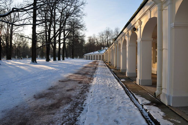 Colonnade Oranienbaum Lomonosov királyi rezidencia a park napos havas téli napon - Fotó, kép
