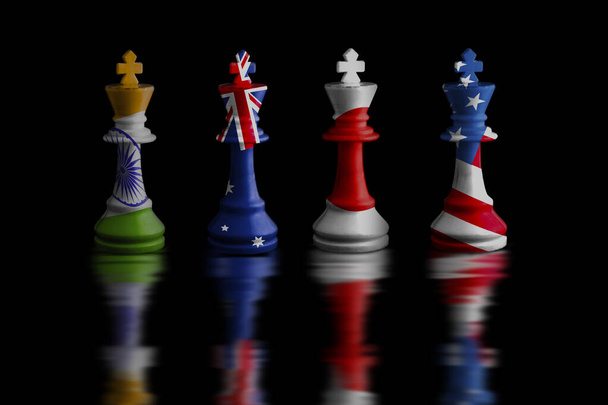 Quad plus countries Imagen de un rey de ajedrez con bandera india, australiana, japonesa y americana derrotando piezas de ajedrez blanco. sobre fondo negro. - Foto, Imagen