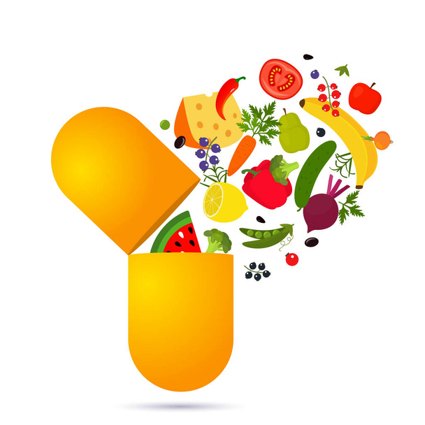verduras y frutas caen en la píldora. vitaminas y minerales en los suplementos dietéticos. concepto nutricional. ilustración vectorial aislada sobre fondo blanco - Vector, imagen
