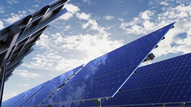 Solar farm and energy panels against blue cloudy sky and sun sunshine loopable - Footage, Video