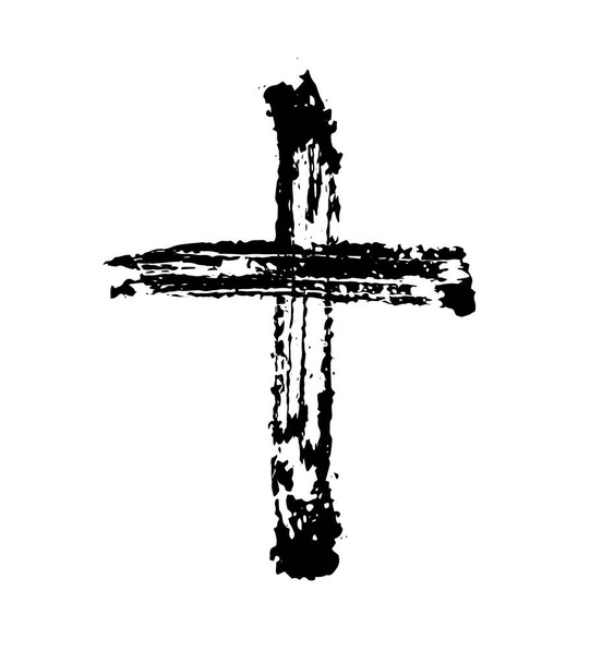 Banner vectorial o ilustración sobre el tema religioso. Cruz negra abstracta con salpicaduras, gotas e inscripción INRI - Vector, imagen