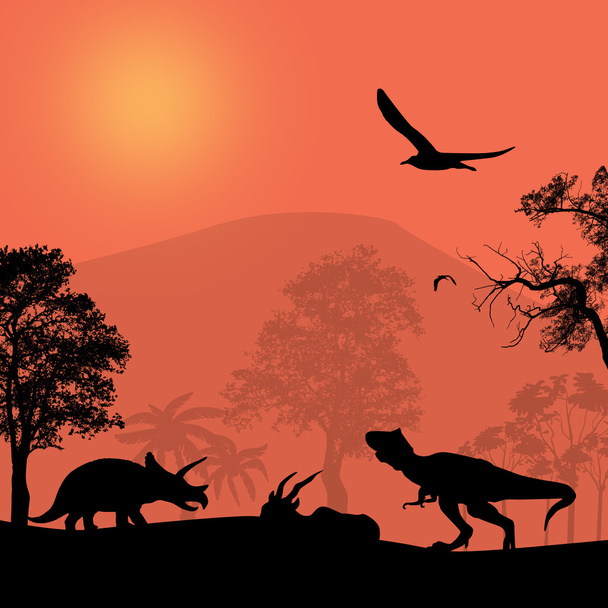 Силуэты динозавров в красивом пейзаже
 - Вектор,изображение