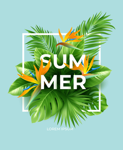 Summer tropical background with Strelitzia flowers and tropical leaves. The inscription Summer on a background of tropical green leaves. Vector illustration - Vector, Image