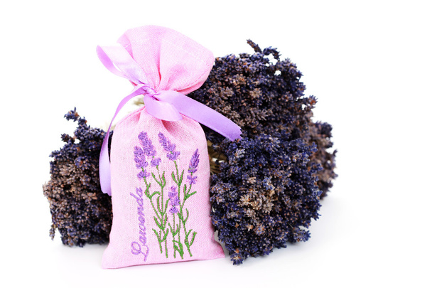 potpourri bag with lavender flowers on white /focus on bag/ - Fotografie, Obrázek