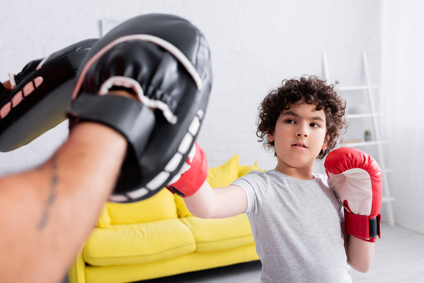 Arabe garçon boxe avec père dans des mitaines de punch sur flou au premier plan à la maison  - Photo, image