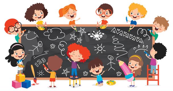 Funny Children With Empty Blackboard - Vector, Image