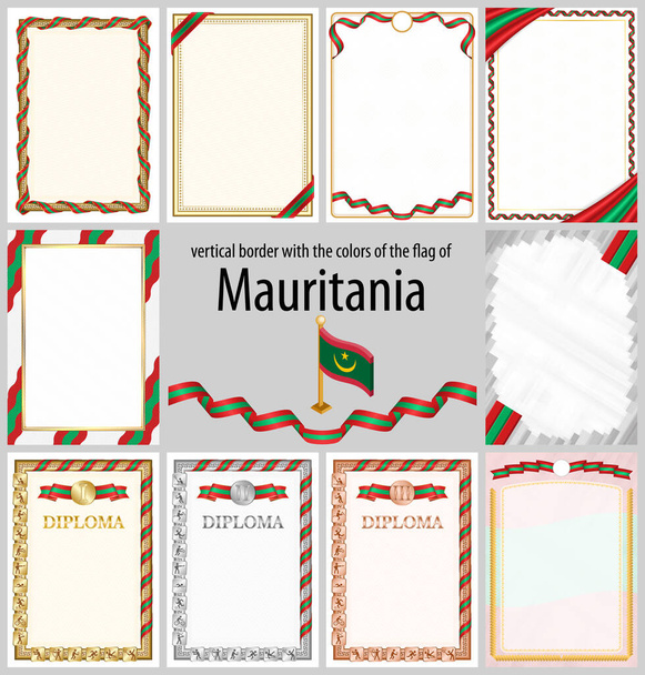 Set di cornici verticali e bordi nei colori della bandiera della Mauritania, elementi modello per il tuo certificato e diploma. Vettore. - Vettoriali, immagini