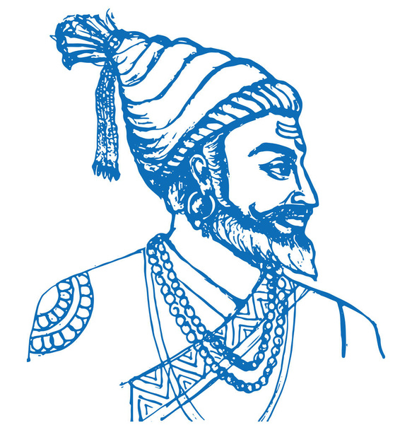 Dibujo o boceto de Chhatrapati Shivaji Maharaj Gobernante indio y un miembro del esquema del clan Bhonsle Maratha, silueta editable ilustración - Vector, imagen