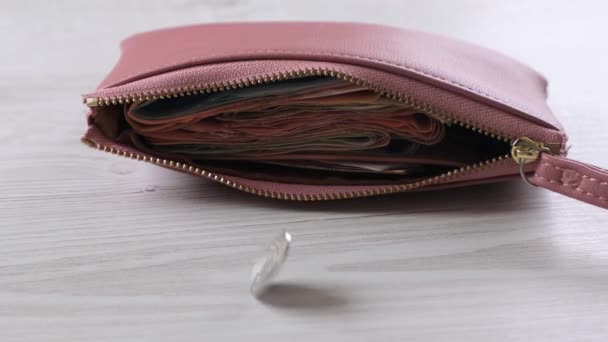 Das Portemonnaie liegt auf dem Tisch neben der Münze. Finanzen, Ertrags- und Aufwandskonzept, Barauszahlung. - Filmmaterial, Video