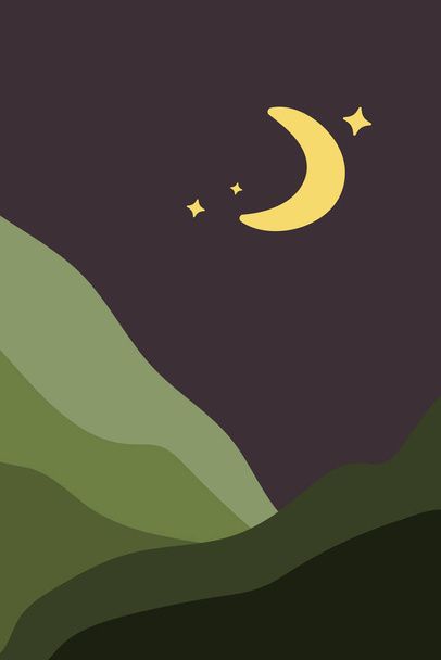 Landschapsavond donkere poster in minimalistische stijl, met groene velden, bergen en vlaktes, met maan en sterren aan de nachtelijke hemel. Natuur banner in platte boho stijl. Eenvoudige vectorafbeelding van abstracte kunst. - Vector, afbeelding
