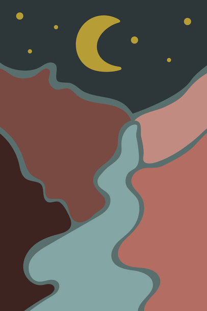 Illustrazione di un fiume tra montagne, pianure e colline di notte tra la luna e le stelle nel cielo buio. Notte banner natura in stile boho piatto. Arte astratta vettoriale, paesaggio poster minimalista. - Vettoriali, immagini