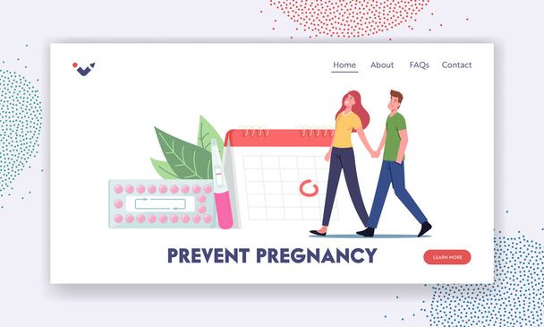 Prevenir modelo de página de desembarque de gravidez. Personagens de casal feliz segurar as mãos Caminhe perto Calendário enorme, Contraceptivo - Vetor, Imagem