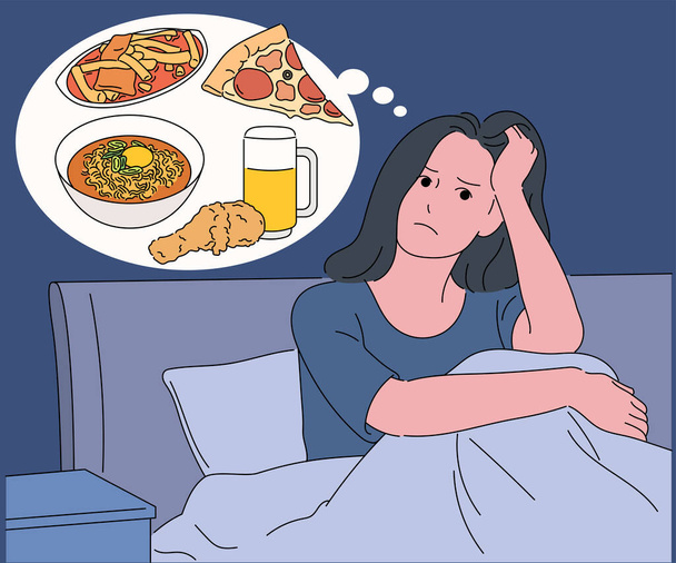 ilustrace ženy sedící na posteli přemýšlející o jídle - Vektor, obrázek