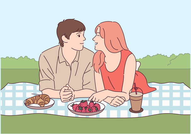влюбленная пара с букетом цветов на пикнике  - Вектор,изображение