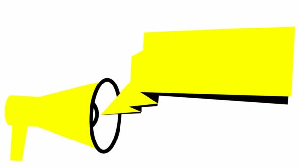 バナー付き黄色のメガホンのアニメーションシンボル。コピースペース付きのループビデオ。ニュース、発表、宣伝、プロモーション、放送、メディア、メッセージの概念。白を基調としたベクトルイラスト. - 映像、動画