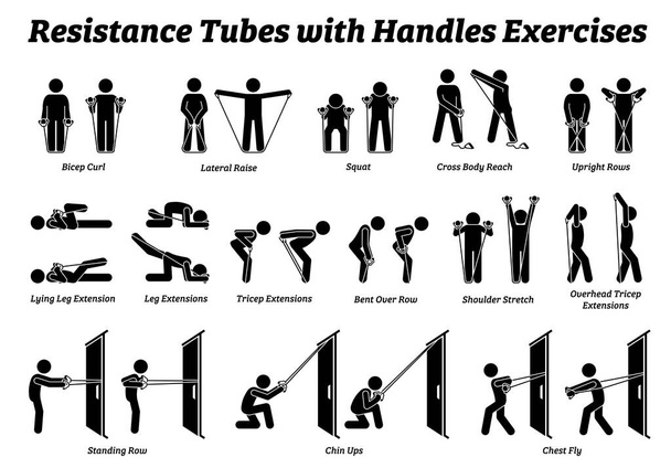 Resistance tubes band with handles exercises and stretch workout techniques in step by step. Vector illustrations of stretching exercises poses, postures, and methods with resistance tube band.  - Vector, Image