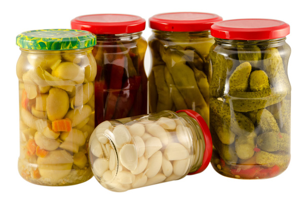 set jars of pickled vegetables for winter resource  - Photo, Image