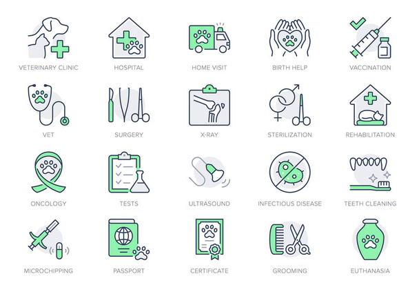 Veterinary line icons. Vector illustration include icon - stethoscope, grooming, , xray, ultrasound, vaccination, sterilization outline pictogram for vet clinic. Green Color, Editable Stroke - Vector, Image