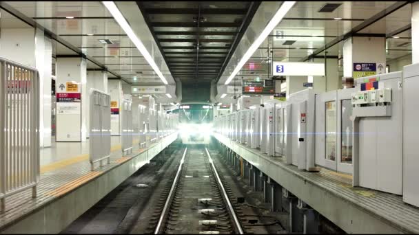 Tokio, Japonia-13 marca 2021: Pociąg zbliża się do stacji metra terminalu - Materiał filmowy, wideo