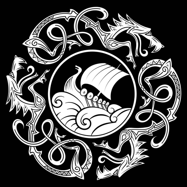 Antiker dekorativer Drache im keltischen Stil, skandinavische Knoten-Illustration und Wikingerschiff Drakkar - Vektor, Bild