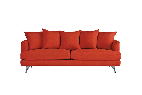 Κόκκινο υφασμάτινο καναπέ σε βουρτσισμένα μεταλλικά πόδια με μαξιλάρια που απομονώνονται σε λευκό φόντο. Σειρά επίπλων - Φωτογραφία, εικόνα