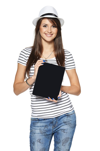Woman showing tablet computer screen - 写真・画像