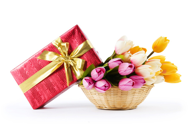 Celebration concept - gift box and tulip flowers - Zdjęcie, obraz
