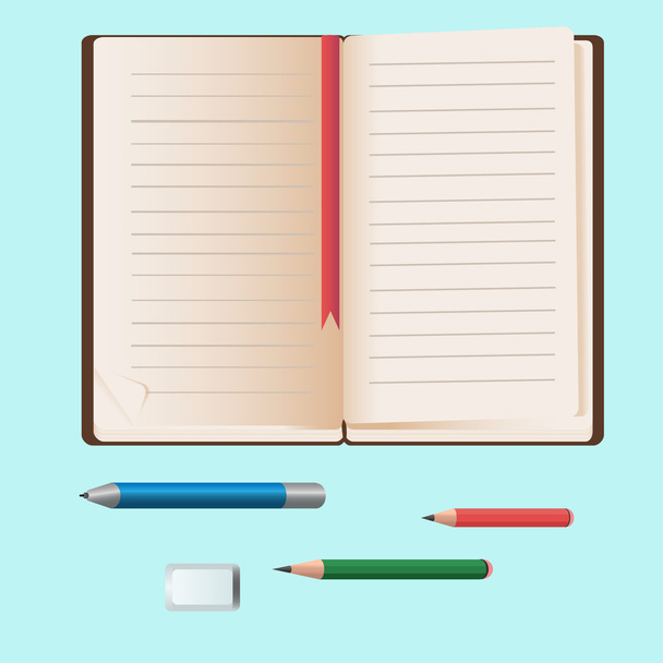 Notebook, pencil and pen - Vector, Image