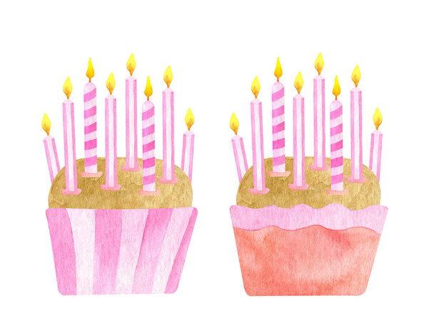 Gâteaux d'anniversaire aquarelle avec huit bougies. cupcakes biscuits dessinés à la main dans des doublures en papier rose. Dessert ilustration isolé sur fond blanc. Enfant fille 8ème anniversaire gâteau de célébration pour les cartes. - Photo, image