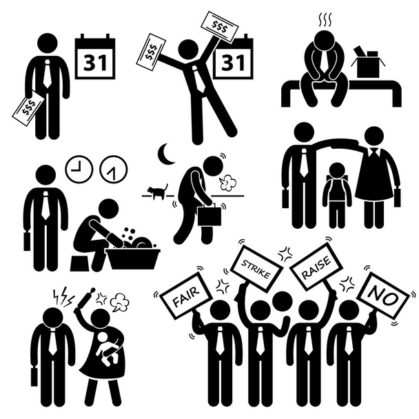 Trabajador asalariado ingreso salario problema financiero palillo figura pictograma icono Cliparts
 - Vector, Imagen
