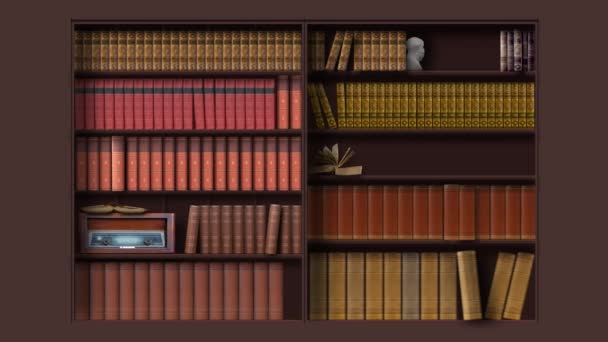 Traditionelles Bücherregal mit Vintage-Büchern und Radio, Buch wie von Zauberhand herausgezogen. - Filmmaterial, Video