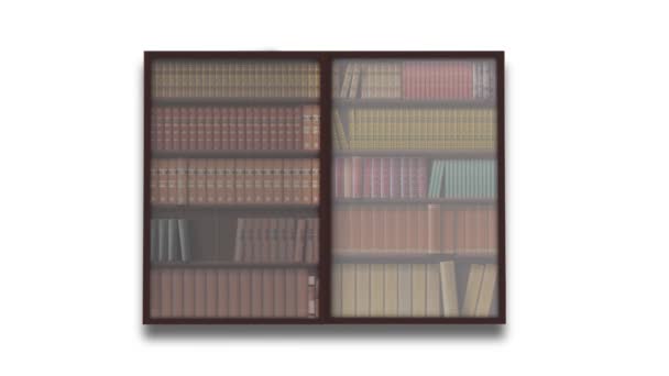 Традиционный книжный шкаф с винтажными книгами, двери с матовым стеклом волшебным открытием, дизайн на белом фоне - Кадры, видео