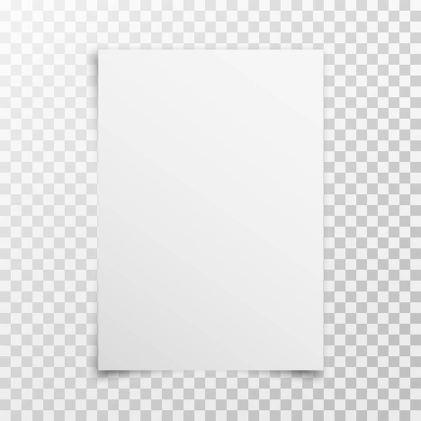 Valkoinen realistinen tyhjä paperi sivu, jossa varjo eristetty läpinäkyvällä taustalla. A4-kokoinen arkki. Mallintaa mallin suunnittelua. Vektoriesimerkki - Vektori, kuva