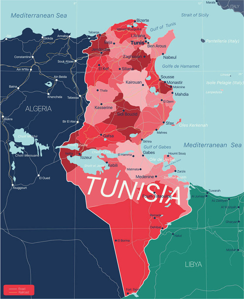 Tunezja szczegółowa mapa edytowalna - Wektor, obraz