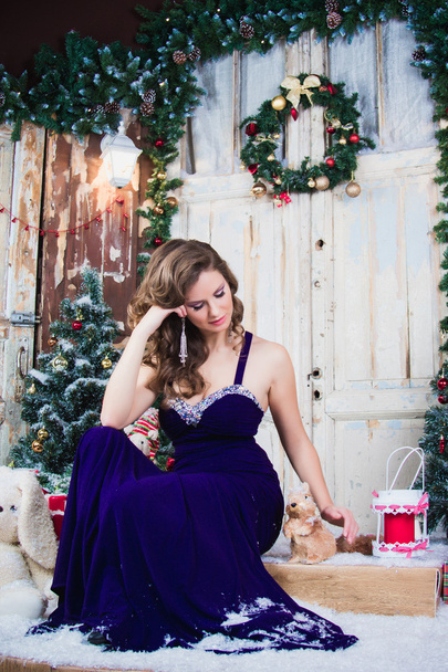 Close-up portrait of beautiful elegant young woman in gorgeous evening dress over Christmas background. - Foto, Imagem