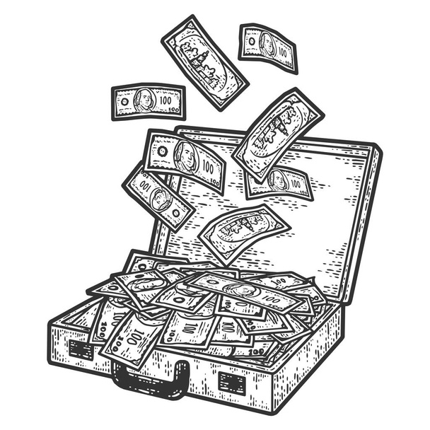 Finances, money fall into an open suitcase. Sketch scratch board imitation. - Vector, Image