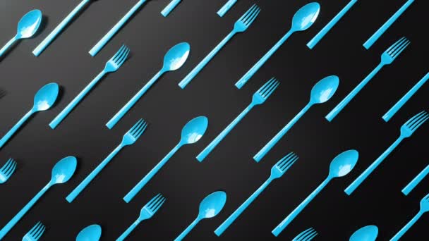 abstrait 3d rendre animation fourchettes bleues et cuillères se déplaçant de bas en haut sur fond noir surface. séquences de boucle sans couture. concept créatif vidéo pour thème de cuisine. - Séquence, vidéo