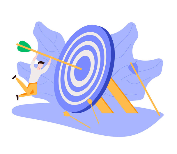 Business target achievement or success and reaching for target and goal concept, businessman leader holding dart running from rising graph arrow and jump to bullseye target to win in business strategy - Vector, Image