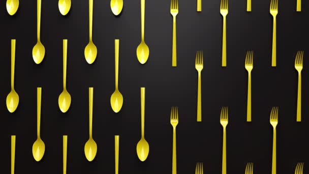 abstrakte 3D-Renderanimation gelbe Gabeln und Löffel bewegen sich auf schwarzer Hintergrundoberfläche auf und ab. Nahtlose Loop-Aufnahmen. kreatives Konzeptvideo zum Thema Kochen. - Filmmaterial, Video