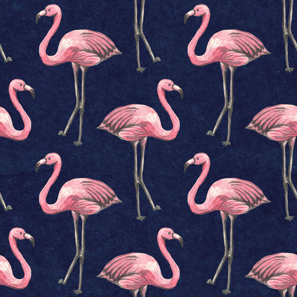 Seamless tropical pattern with pink flamingo on dark background. Watercolor background. Design for wallpaper, textile design, packing, textile, fabric. - Photo, Image