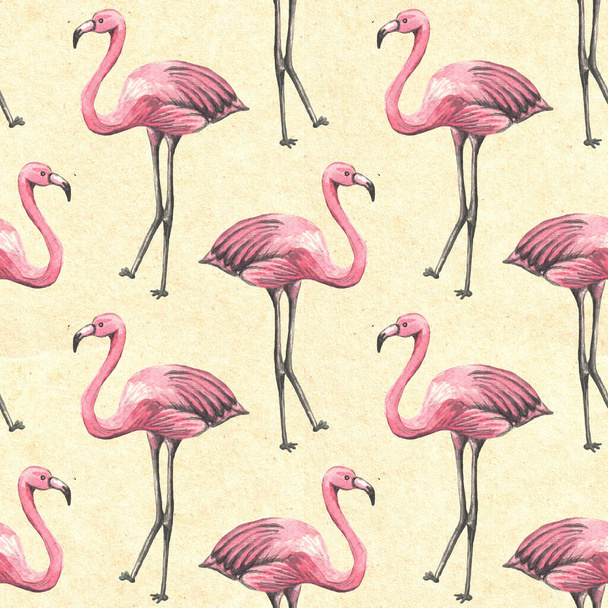Płynny tropikalny wzór z różowym flamingiem na żółto. Tło akwareli. Projekt tapety, projekt tekstylny, opakowania, tkaniny, tkaniny.  - Zdjęcie, obraz