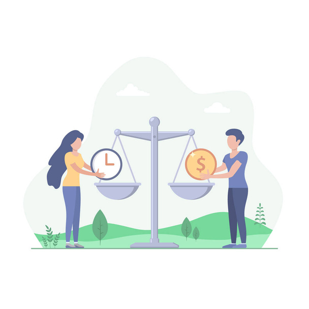 Man and Woman put clock and money on the scales vector flat illustration. Business and Time Management Balance, Planning. Time is money concept. - Vector, Image