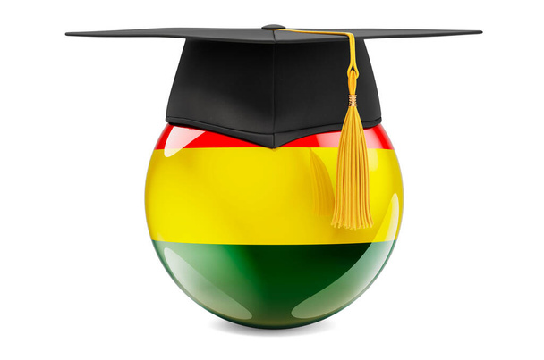 Concepto Educación en Bolivia. Bandera boliviana con gorra de graduación, representación 3D aislada sobre fondo blanco - Foto, Imagen