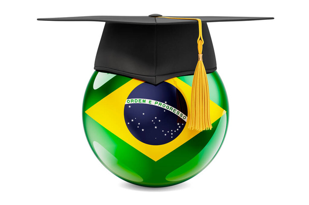 ブラジルの教育概念。卒業キャップ、白い背景に隔離された3Dレンダリングを持つブラジルの旗 - 写真・画像