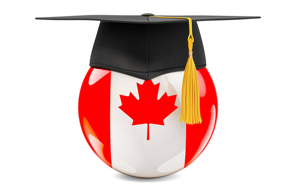Concepto Educación en Canadá. Bandera canadiense con gorra de graduación, representación 3D aislada sobre fondo blanco - Foto, Imagen
